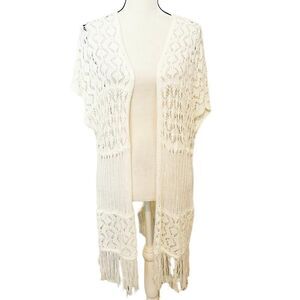 NWT Heartsoul Cream Crochet Knit Fringe Open Front Kimono Cardigan Sweater SizeM
